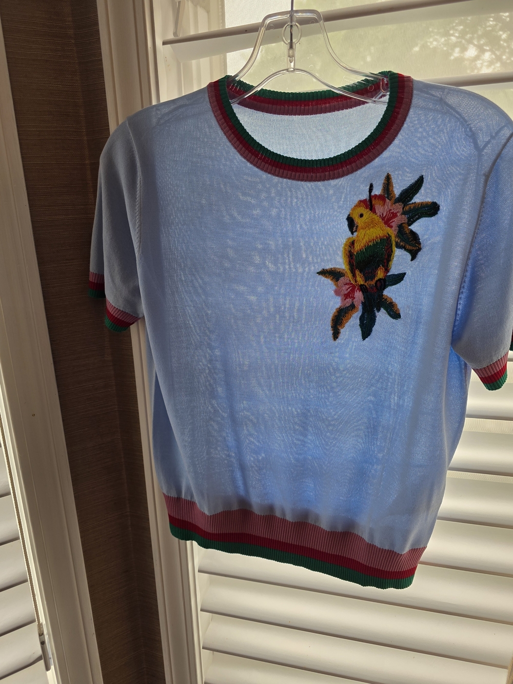 Light Blue Short-Sleeve Knit Top with Bird Embroidery